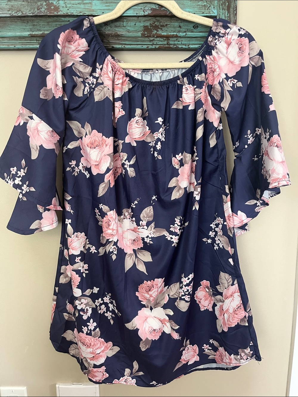 Navy Floral Off-Shoulder Tunic with Pink Rose Print